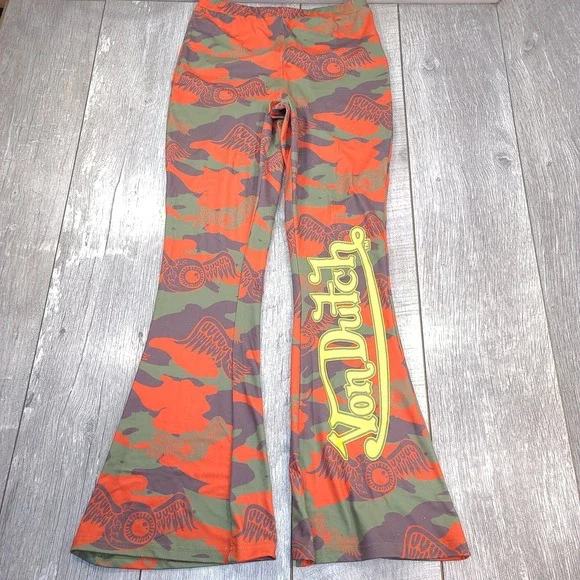 Von Dutch Womens Logo Print Leggings Size Large High Waist Camo Flare Leg - Picture 2 of 7